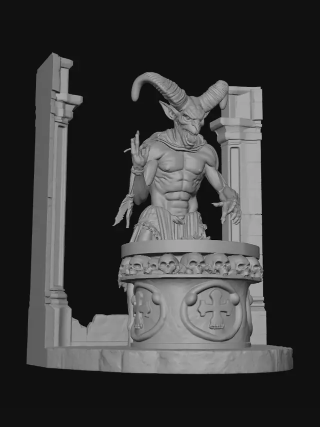 3D model for 3D printable dark fantasy horror statue of a grotesque devil performing an infernal ritual over a gothic stone altar in hell. The devil is muscular, horned, evil, with curled ram horns, leathery scarred skin, fangs, claws, long tail, and folded wings for print stability. On the altar lies an adult female ritual figure covered in torn ceremonial cloth and bindings, non-explicit. Base has skulls, bones, cracked stone, demonic runes, candles, lava cracks, and blood-like carved channels. Solid, watertight, manifold, stable resin print. No floating parts or thin fragile details.