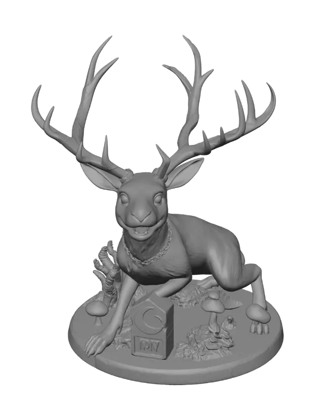 3D model for Create a dark gothic jackalope cryptid statue for resin 3D printing. A sinister rabbit with oversized branching antlers, hollow-looking eyes, sharp teeth slightly showing, torn ear edges, and realistic fur texture sculpted as shallow raised detail. Antlers should be thick, twisted, bone-like, and printable, with small skull charms and thorn shapes fused into the design. Seated on a graveyard forest base with cracked stones, roots, bones, mushrooms, and a crescent moon symbol. Creepy folklore monster aesthetic, haunted woodland creature, high detail resin collectible, strong supports built into the base, durable geometry, flat stable bottom, watertight mesh.
