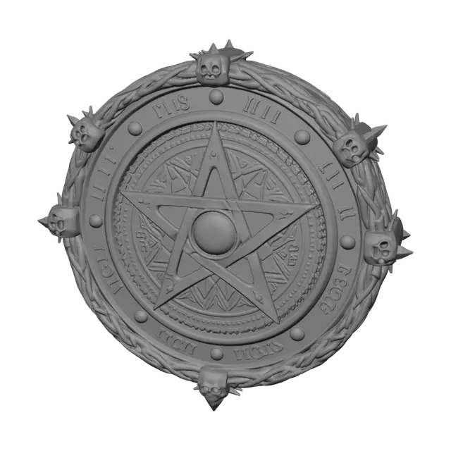 3D model for Extremely ornate pentagram wall plaque, dark occult ritual decor, highly detailed 3D model, downward-facing pentagram inside an elaborate circular frame, engraved runes, thorn-wrapped borders, skull accents, gothic cathedral styling, blackened metal, aged silver highlights, ancient cursed relic appearance, layered decorative relief, symmetrical design, dramatic and sinister, intended as wall art above a ritual altar, resin 3D printable, centered object, no background