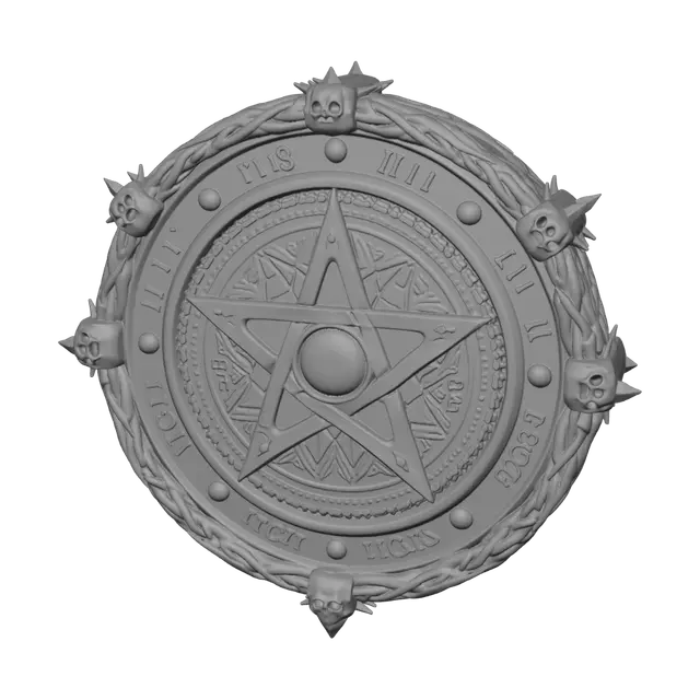 3D model for Extremely ornate pentagram wall plaque, dark occult ritual decor, highly detailed 3D model, downward-facing pentagram inside an elaborate circular frame, engraved runes, thorn-wrapped borders, skull accents, gothic cathedral styling, blackened metal, aged silver highlights, ancient cursed relic appearance, layered decorative relief, symmetrical design, dramatic and sinister, intended as wall art above a ritual altar, resin 3D printable, centered object, no background
