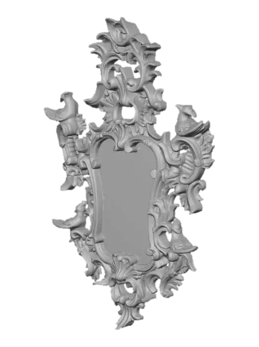 3D model for An ornate, antique gilded mirror featuring a rococo style frame. The frame is crafted from aged, slightly distressed wood, textured with intricate carvings of scrolling acanthus leaves and flourishes, exhibiting a rich, dull gold finish with hints of darker patina in the crevices. Four distinct, finely detailed bird figures with textured feathers are perched symmetrically on the upper and lower sides of the irregularly shaped, reflective glass pane, adding to its elaborate, sculptural appearance.