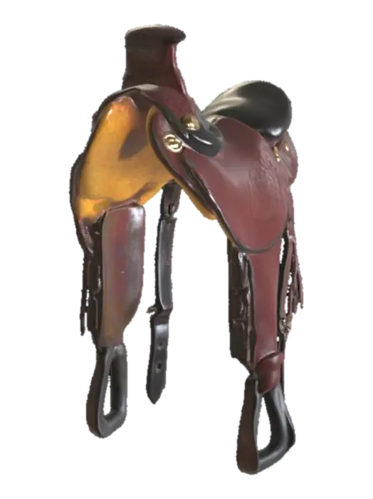 3D model for A detailed, high-quality Western horse saddle made of rich dark brown leather with black leather seat. The saddle features engraved floral tooling on the leather skirts and fenders. It has gold decorative conchos, sturdy metal rings for tack attachment, and a prominent horn at the front. The seat is ergonomically shaped and cushioned, with a smooth black finish. The stirrups are solid, shaped, and attached with adjustable leather straps. The underside of the saddle is padded with soft yellow fleece for comfort. Realistic textures and accurate proportions. Designed for photorealistic rendering or 3D printing.