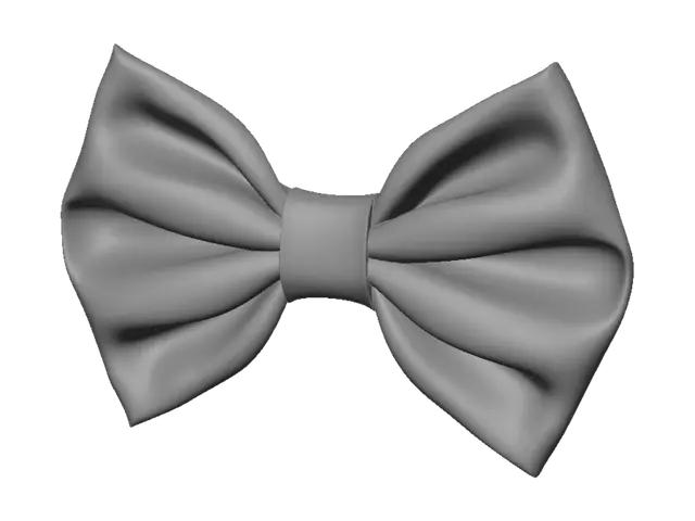 3D model for A single bow tie, front view, plump and three-dimensional with two full rounded loops
and a wide central knot band. Thick soft fabric with visible woven texture and deep
natural folds gathering into the knot. Symmetrical, solid closed volume, generous
thickness throughout, no thin edges. Isolated object, plain background, neutral studio
lighting.