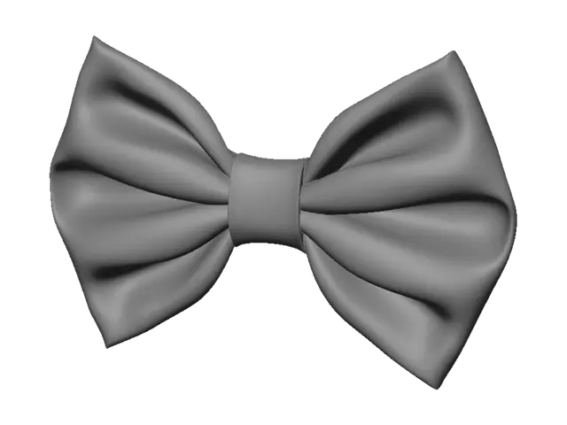3D model for A single bow tie, front view, plump and three-dimensional with two full rounded loops
and a wide central knot band. Thick soft fabric with visible woven texture and deep
natural folds gathering into the knot. Symmetrical, solid closed volume, generous
thickness throughout, no thin edges. Isolated object, plain background, neutral studio
lighting.