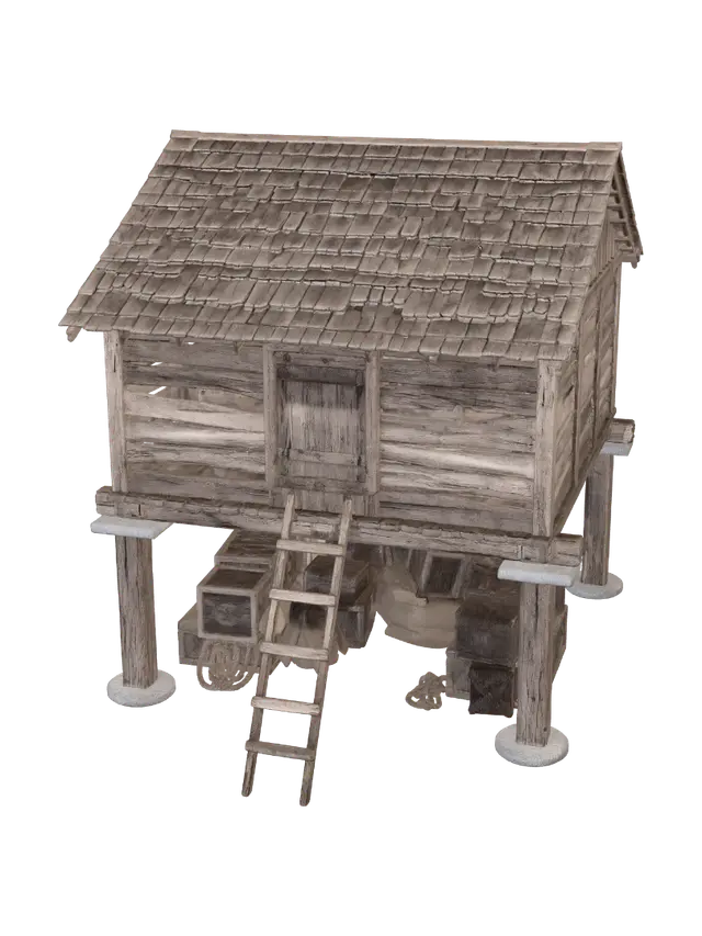 Modello 3D Elevated Timber Shack, generato dall’IA