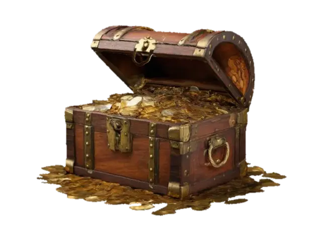 Classic wooden treasure chest overflowing with gold coins, jewels, and precious… - Loot 3D model, vytvořený pomocí AI