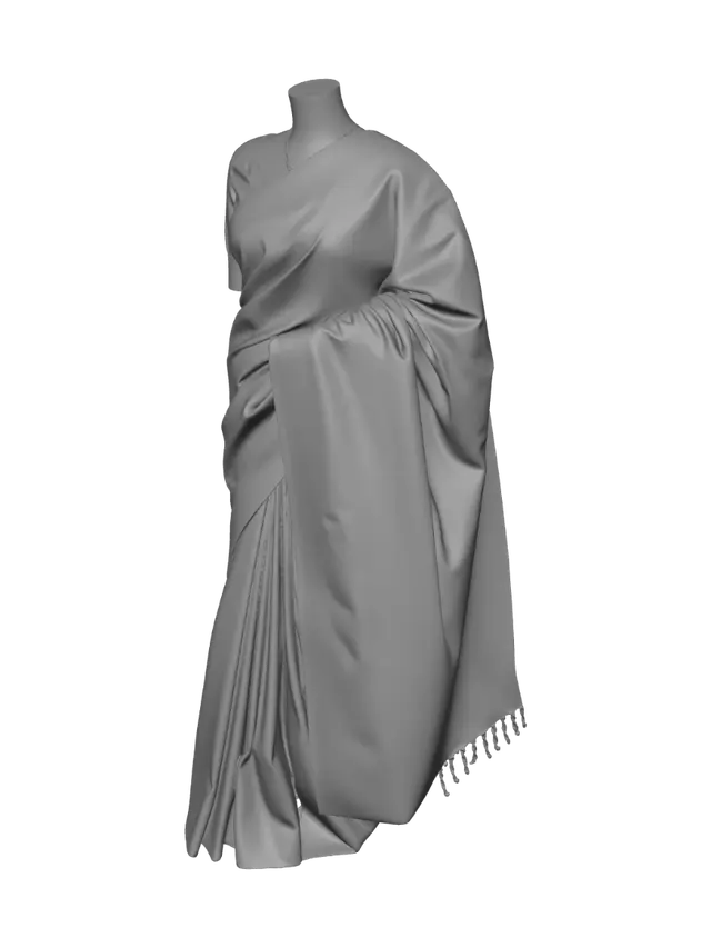 3D model for Create a realistic AAA game-ready 3D model of a traditional South Indian Kanchipuram silk saree. Use luxurious golden-yellow silk with a soft satin finish, subtle woven texture, and a thin black border featuring antique gold zari embroidery. Include realistic waist pleats, a naturally draped pallu over the left shoulder, and a matching fitted short-sleeve golden silk blouse with embroidered sleeve borders. Clothing only, no body. Clean quad topology, optimized 15k–30k tris, UV unwrapped, separate blouse and saree materials, animation-friendly edge loops, PBR 4K textures (Base Color, Normal, Roughness, Metallic, AO). Photorealistic, premium bridal fashion, Unreal Engine 5 quality.