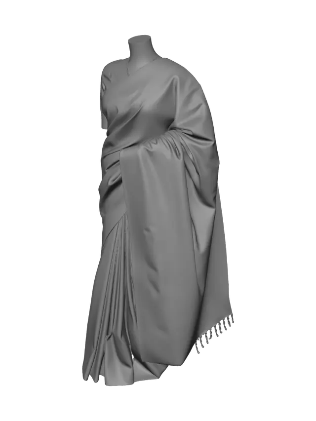 3D model for Create a realistic AAA game-ready 3D model of a traditional South Indian Kanchipuram silk saree. Use luxurious golden-yellow silk with a soft satin finish, subtle woven texture, and a thin black border featuring antique gold zari embroidery. Include realistic waist pleats, a naturally draped pallu over the left shoulder, and a matching fitted short-sleeve golden silk blouse with embroidered sleeve borders. Clothing only, no body. Clean quad topology, optimized 15k–30k tris, UV unwrapped, separate blouse and saree materials, animation-friendly edge loops, PBR 4K textures (Base Color, Normal, Roughness, Metallic, AO). Photorealistic, premium bridal fashion, Unreal Engine 5 quality.