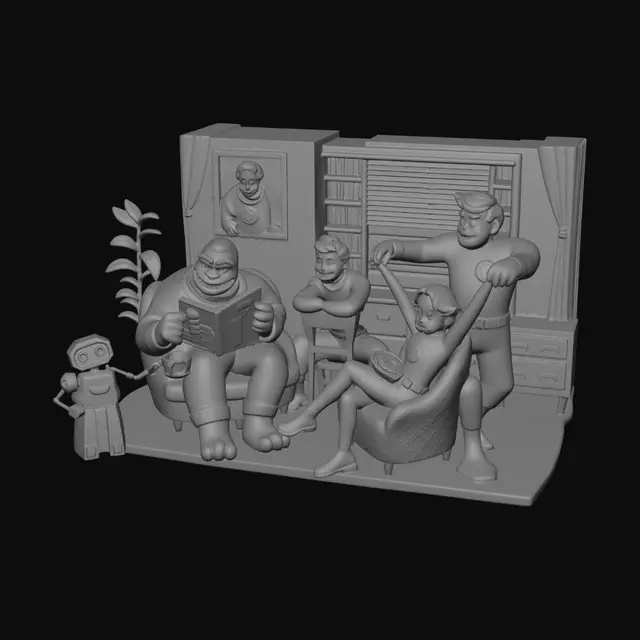3D model for Family of Four in a Space Living Room