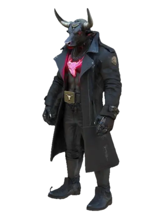 (Texas) A Cyberpunk Bull As A Humanoid male Gangster, #emblem# 3D model, vytvořený pomocí AI