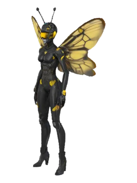 (Texas) A Cyberpunk Bee As A Humanoid female Gangster, #emblem# 3D model, vytvořený pomocí AI
