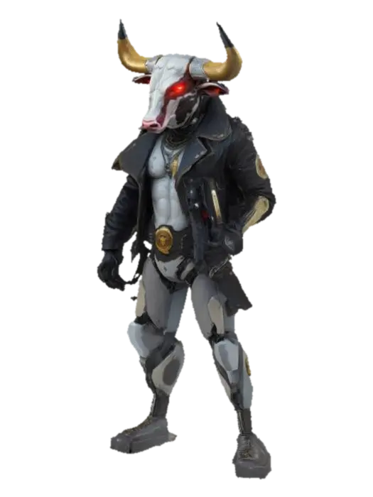 (Texas) A Cyberpunk Bull As A Humanoid male Gangster, #emblem# 3D model, vytvořený pomocí AI
