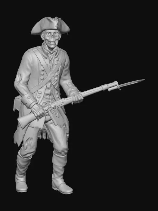 3D model for A photo-realistic British Redcoat soldier from the American Revolution who has been infected by a zombie virus, standing at attention with a stern expression. He wears a meticulously tailored scarlet wool coat with white lapels and cuffs, white breeches, and a black tricorne hat, black boots. His equipment includes polished brass buttons, white cross belts, showcasing coarse wool, smooth leather, and reflective metallic textures, full body. do not include musket. add dirt and blood stains, torn clothes etc.