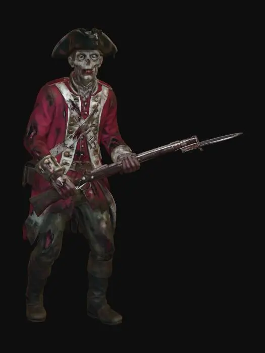 3D model for A photo-realistic British Redcoat soldier from the American Revolution who has been infected by a zombie virus, standing at attention with a stern expression. He wears a meticulously tailored scarlet wool coat with white lapels and cuffs, white breeches, and a black tricorne hat, black boots. His equipment includes polished brass buttons, white cross belts, showcasing coarse wool, smooth leather, and reflective metallic textures, full body. do not include musket. add dirt and blood stains, torn clothes etc.