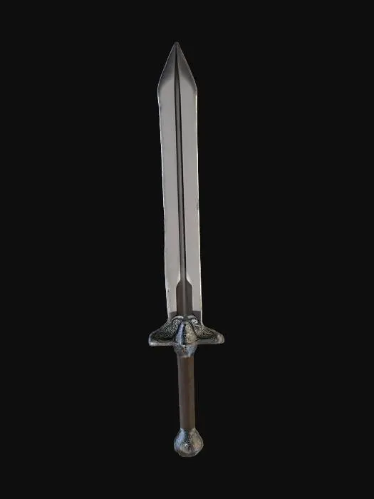 3D model for Highly detailed concept art of a large fantasy Zweihänder greatsword on a blueprint grid floor. Dark, aged, battle-worn steel blade. Asymmetrical crossguard features a detailed, roaring grizzly bear head carving with integrated jaws. Grip wrapped in dark braided leather. 3/4 isometric perspective. Clean studio lighting highlighting metal wear and bear fur texture. Minimalist background.