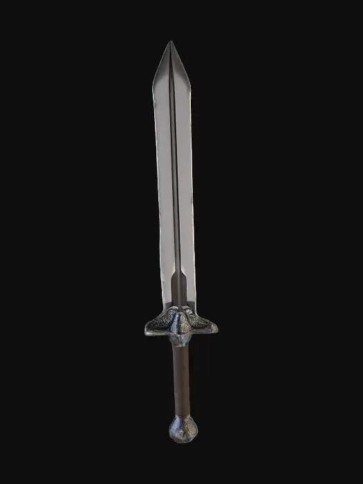 3D model for Highly detailed concept art of a large fantasy Zweihänder greatsword on a blueprint grid floor. Dark, aged, battle-worn steel blade. Asymmetrical crossguard features a detailed, roaring grizzly bear head carving with integrated jaws. Grip wrapped in dark braided leather. 3/4 isometric perspective. Clean studio lighting highlighting metal wear and bear fur texture. Minimalist background.