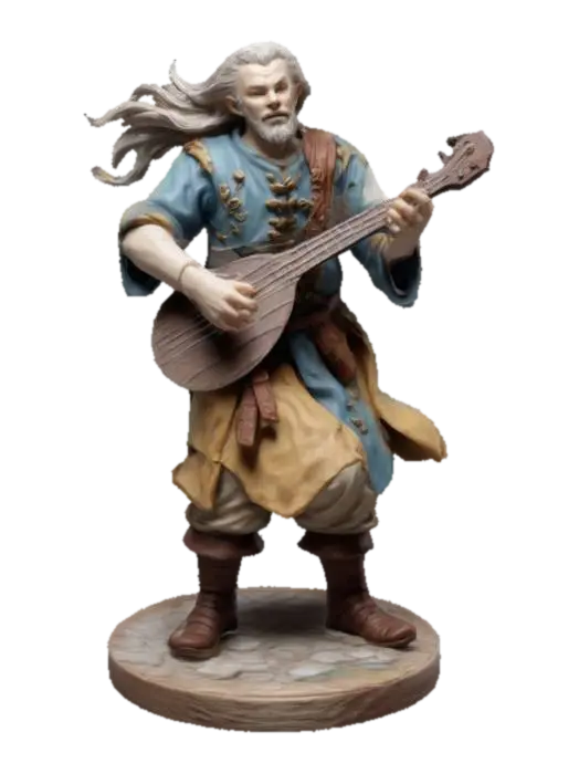 figurine fantasy dnd singing and playing bard hero in dynamic pose with base in… 3D model, vytvořený pomocí AI