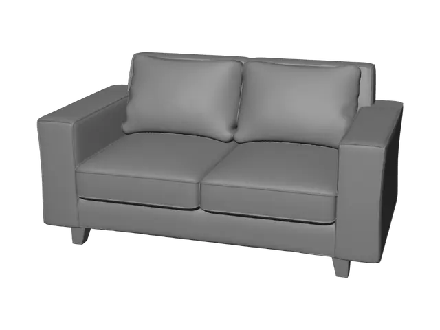 3D model for Create a clean two-seat couch for a Roblox apartment. Use a warm light cream/beige fabric color with a subtle woven texture. Give it a boxy shape with thick square armrests, a straight padded backrest, one wide seat cushion, and four short dark-brown wooden legs. Add two matching cream/beige pillows, one on each side. Keep the design polished, slightly stylized, and game-ready. Do not add any blue pillows, patterns, extra decorations, or separate objects.