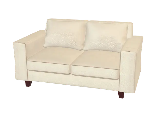 3D model for Create a clean two-seat couch for a Roblox apartment. Use a warm light cream/beige fabric color with a subtle woven texture. Give it a boxy shape with thick square armrests, a straight padded backrest, one wide seat cushion, and four short dark-brown wooden legs. Add two matching cream/beige pillows, one on each side. Keep the design polished, slightly stylized, and game-ready. Do not add any blue pillows, patterns, extra decorations, or separate objects.