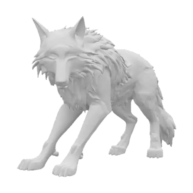3D model for A jet-black wolf with glowing neon-blue eyes and silver runes etched into its fur