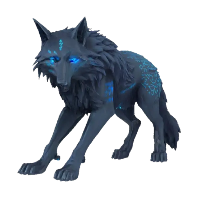 3D model for A jet-black wolf with glowing neon-blue eyes and silver runes etched into its fur