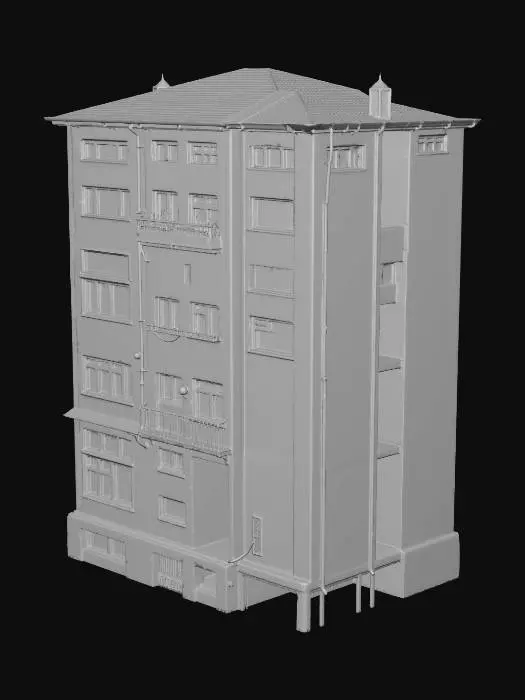 3D model for A midsized 3-6 story Post-Soviet Ukrainian apartment bloc building. Its rectangular concrete facade shows weathered grey panels, peeling paint, and uniform window openings with rusted balcony railings. The fully navigable interior features functional apartments with worn linoleum, aged wallpaper, and simple furnishings, conveying a utilitarian, austere aesthetic. The structure feels robust yet aged. The structure should feature openings/gaps where doors and windows will be inserted, and internal hallways, walls, doors, rooms, floors and ceiling must also be modeled appropriately (e.g. we do NOT want just an exterior "shell" of a building - it must feature wholly inclusive and functional internal building features such as walls, floors, and ceilings in a manner congruent with our use case)