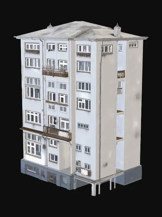 3D model for A midsized 3-6 story Post-Soviet Ukrainian apartment bloc building. Its rectangular concrete facade shows weathered grey panels, peeling paint, and uniform window openings with rusted balcony railings. The fully navigable interior features functional apartments with worn linoleum, aged wallpaper, and simple furnishings, conveying a utilitarian, austere aesthetic. The structure feels robust yet aged. The structure should feature openings/gaps where doors and windows will be inserted, and internal hallways, walls, doors, rooms, floors and ceiling must also be modeled appropriately (e.g. we do NOT want just an exterior "shell" of a building - it must feature wholly inclusive and functional internal building features such as walls, floors, and ceilings in a manner congruent with our use case)