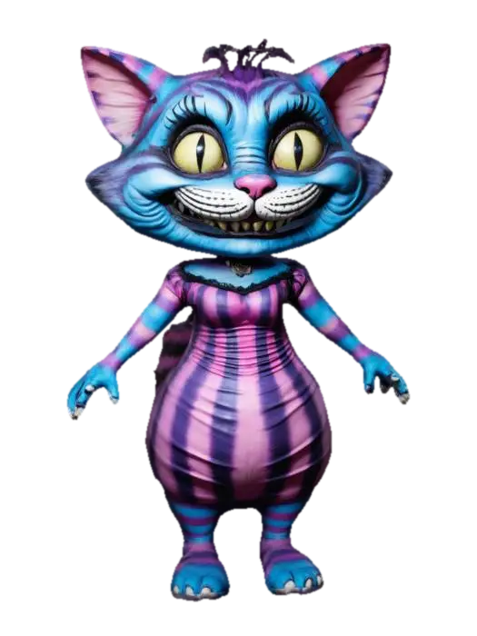 female Cheshire cat, large chest, - Wonderland 3D model, vytvořený pomocí AI