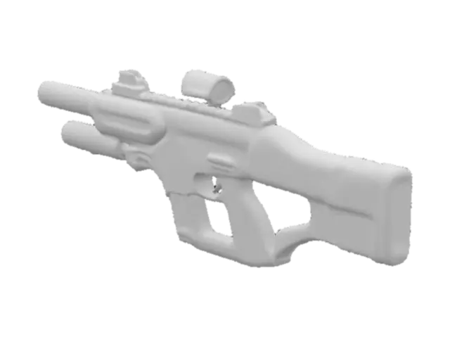 3D model for "A high-tech futuristic sci-fi assault rifle designed for elite space soldiers. The gun should have a sleek, metallic body with glowing neon blue and red energy lines running along the sides. It should feature advanced components like a holographic ammo counter, modular attachments (scope, energy bayonet, silencer), and a digital targeting system embedded into the top rail. The barrel should be slightly oversized with plasma venting ports. Use dark carbon fiber, brushed steel, and glowing elements for materials. Add a minimalistic alien insignia on the side. Make it look powerful, lightweight, and designed for zero-gravity combat. Style should be a mix of Halo, Destiny, and Cyberpunk 2077 aesthetics."