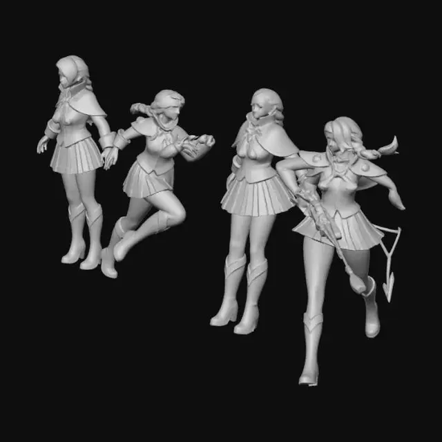 3D model for lesley from mobile legend games, cheergunner skin, character sheet, front, side, back. 3/4 view