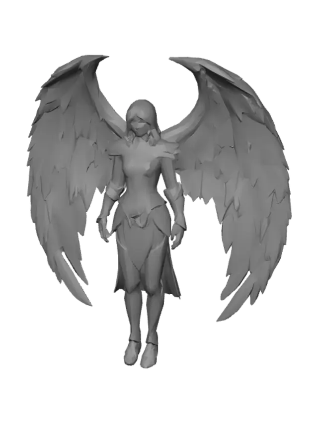 3D model for Create a game-ready FBX 3D model based on the reference image. Make a heroic adult female fantasy angel warrior with an athletic build, fully armored battle outfit, front-facing symmetrical stance, and large curved layered feather wings. Wings should have cream-gold upper feathers and mint/teal lower tips. Armor should be elegant fantasy style with gold, bronze, silver, and turquoise accents: shoulder guards, chest plate, bracers, waist armor, leg guards, and boots. Add a glowing star emblem on the chest plate. Style: semi-realistic mobile RPG/MOBA hero, noble and powerful, not sexualized. Requirements: clean topology, UV unwrapped, PBR textures, separate materials, game optimized, A-pose or T-pose, no background, no text, no watermark.