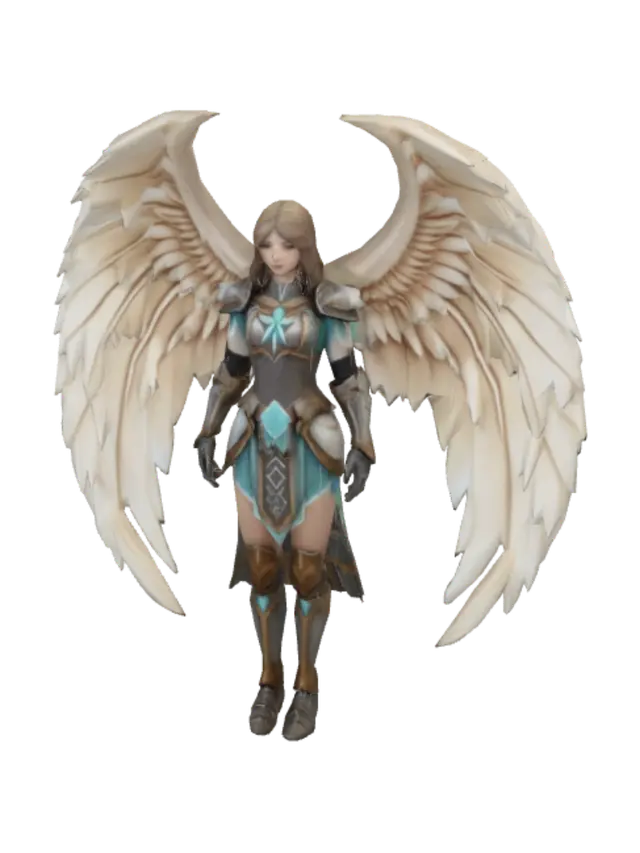 3D model for Create a game-ready FBX 3D model based on the reference image. Make a heroic adult female fantasy angel warrior with an athletic build, fully armored battle outfit, front-facing symmetrical stance, and large curved layered feather wings. Wings should have cream-gold upper feathers and mint/teal lower tips. Armor should be elegant fantasy style with gold, bronze, silver, and turquoise accents: shoulder guards, chest plate, bracers, waist armor, leg guards, and boots. Add a glowing star emblem on the chest plate. Style: semi-realistic mobile RPG/MOBA hero, noble and powerful, not sexualized. Requirements: clean topology, UV unwrapped, PBR textures, separate materials, game optimized, A-pose or T-pose, no background, no text, no watermark.