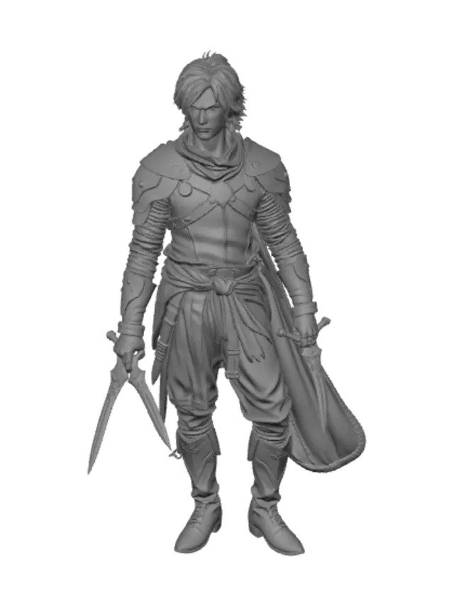 3D model for Create a highly detailed fantasy rogue warrior with a dark, dangerous and charismatic appearance. Medium-length messy black hair, sharp face, intense eyes and a confident smirk. Muscular body protected by layered dark steel and worn leather armor with engraved metal details, belts and straps. Add a torn deep-red sash around his waist and leather bracers on both arms. Equip him with two large curved rogue daggers: one ornate golden-bronze blade and one dark serrated steel blade. He should look fast, deceptive and deadly, like an elite assassin. Semi-realistic dark fantasy RPG style, ultra-detailed PBR textures, full body, game-ready, A-pose, no background, no base, no text, no watermark.