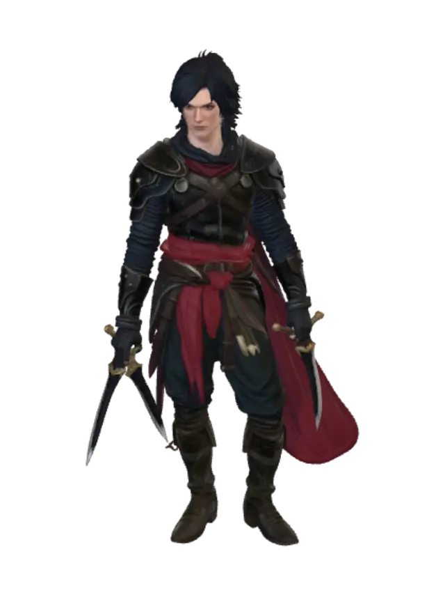 3D model for Create a highly detailed fantasy rogue warrior with a dark, dangerous and charismatic appearance. Medium-length messy black hair, sharp face, intense eyes and a confident smirk. Muscular body protected by layered dark steel and worn leather armor with engraved metal details, belts and straps. Add a torn deep-red sash around his waist and leather bracers on both arms. Equip him with two large curved rogue daggers: one ornate golden-bronze blade and one dark serrated steel blade. He should look fast, deceptive and deadly, like an elite assassin. Semi-realistic dark fantasy RPG style, ultra-detailed PBR textures, full body, game-ready, A-pose, no background, no base, no text, no watermark.