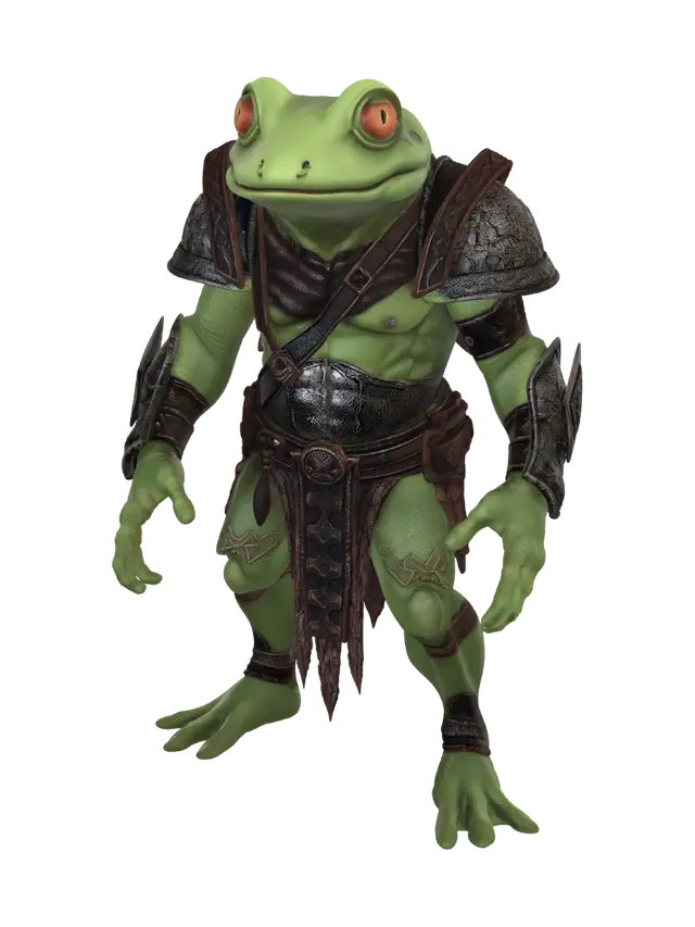 3D model for Giant frog humanoid warrior athletic build realistic.