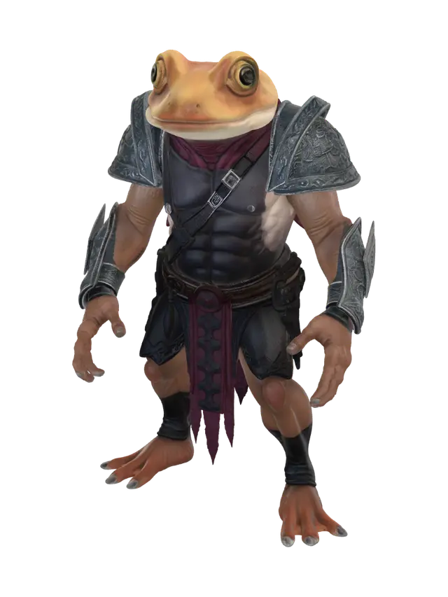 3D model for Giant frog humanoid warrior athletic build realistic.