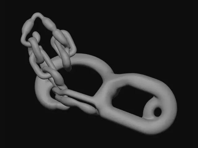 3D model for Heavy dark iron chain links, large rugged interlocking metal loops, worn and battle-damaged texture, ancient Greek warrior aesthetic, fantasy weapon prop accessory, highly detailed, realistic metal texture, dark fantasy video game style, Unreal Engine render.