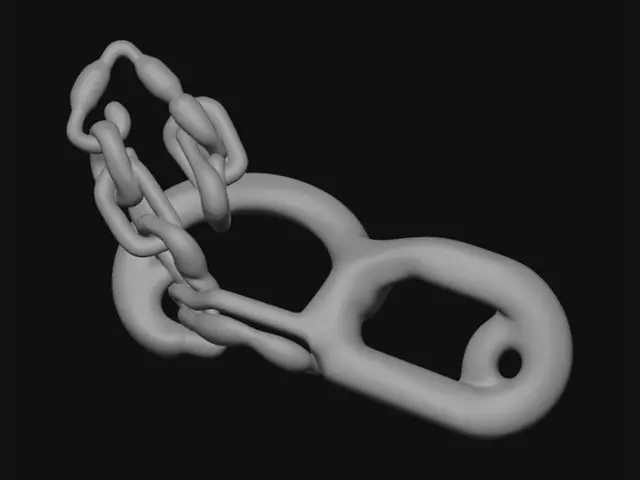 3D model for Heavy dark iron chain links, large rugged interlocking metal loops, worn and battle-damaged texture, ancient Greek warrior aesthetic, fantasy weapon prop accessory, highly detailed, realistic metal texture, dark fantasy video game style, Unreal Engine render.
