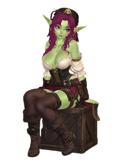 elf girl, green skin, cute face, large eyes, long pointed ears, buxom, pirate… - Corset 3D model, vytvořený pomocí AI