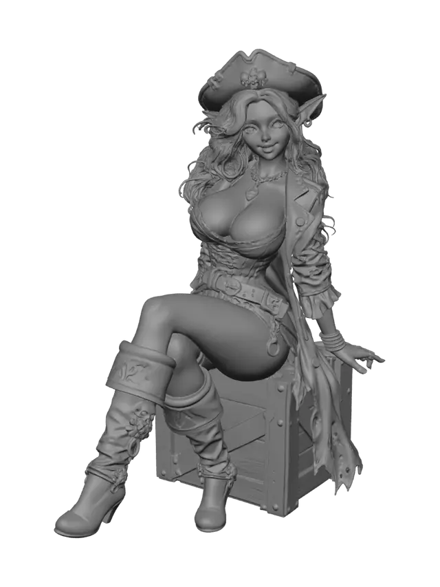 3D model for elf girl, green skin, cute face, large eyes, long pointed ears, buxom, pirate outfit, corset, sitting on wooden crate, cute pose, arched back, dark pink hair