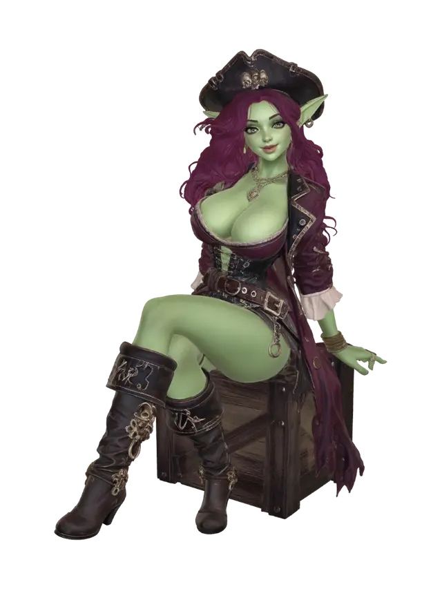 3D model for elf girl, green skin, cute face, large eyes, long pointed ears, buxom, pirate outfit, corset, sitting on wooden crate, cute pose, arched back, dark pink hair