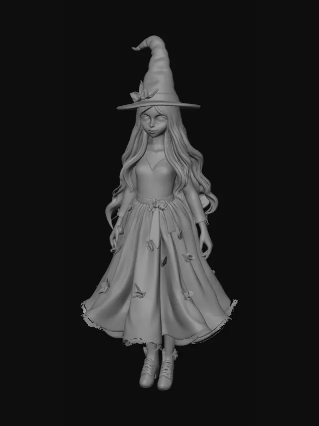3D model for Christmas witch tree topper, woman wearing a full skirt with holly and pinecone embellishemnts