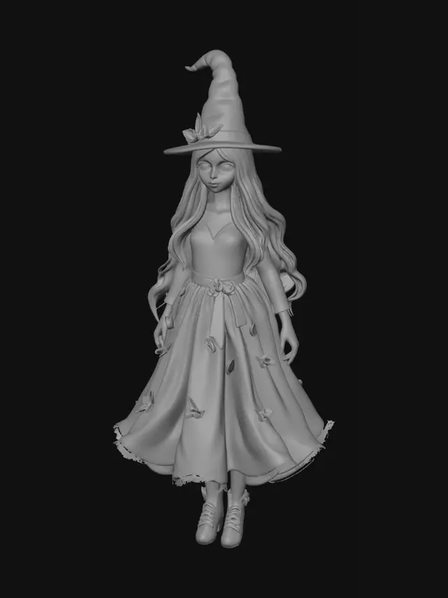 3D model for Christmas witch tree topper, woman wearing a full skirt with holly and pinecone embellishemnts