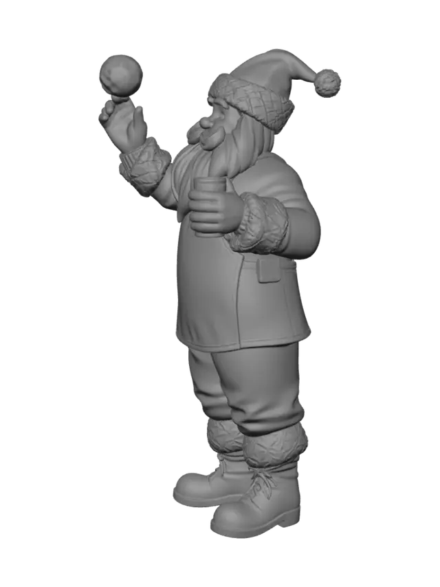 3D model for Create a highly detailed 3D printable Christmas collectible statue for FDM printing. A smiling Santa Claus stands on a circular stone base tossing pizza dough overhead beside a traditional wood-fired brick pizza oven. Santa wears a classic red suit, white beard, black boots, cream apron reading "Santa's Pizza," and a black belt. The oven has a tan dome, brick arch, black chimney, glowing fire, and a pizza inside. Include a wooden prep counter with rolling pin, flour bowl, copper pot, pizza cutter, beer mug, a flour sack, patches of snow, and a "North Pole Pizza Co." sign. Design with thick, durable features, minimal supports, separate printable parts, and optimized for a Bambu X2D 0.2mm nozzle.