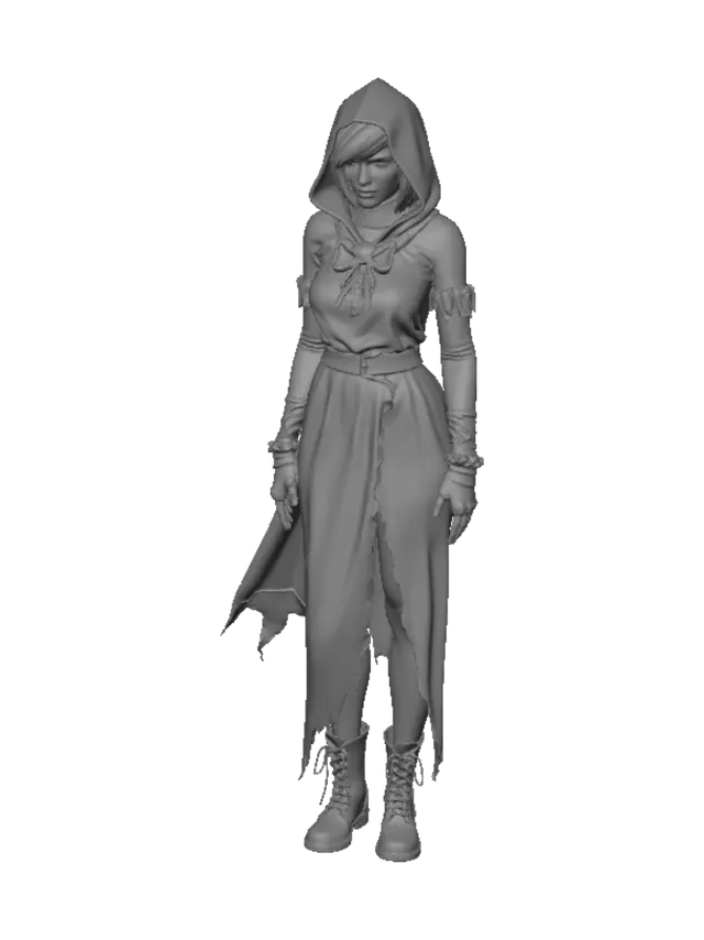 3D model for A full-body 3D video game character concept of a young female protagonist, Resident Evil style. She is wearing a torn and dusty black gothic funeral dress covered in dirt and soil patches from crawling out of a grave. She wears a hooded black cloak over her shoulders. Dark atmospheric lighting, graveyard background, photorealistic, cinematic render, Unreal Engine 5 style, highly detailed --ar 9:16