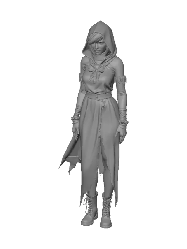 3D model for A full-body 3D video game character concept of a young female protagonist, Resident Evil style. She is wearing a torn and dusty black gothic funeral dress covered in dirt and soil patches from crawling out of a grave. She wears a hooded black cloak over her shoulders. Dark atmospheric lighting, graveyard background, photorealistic, cinematic render, Unreal Engine 5 style, highly detailed --ar 9:16