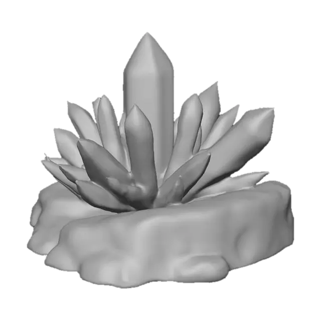 3D model for "a stylized fantasy crystal ore cluster emerging from rock, glowing softly, game-ready 3D render, detailed geometry, colored reflections, ambient rimlight, isolated on neutral background, photorealistic lighting, stylized like Roblox resource node"