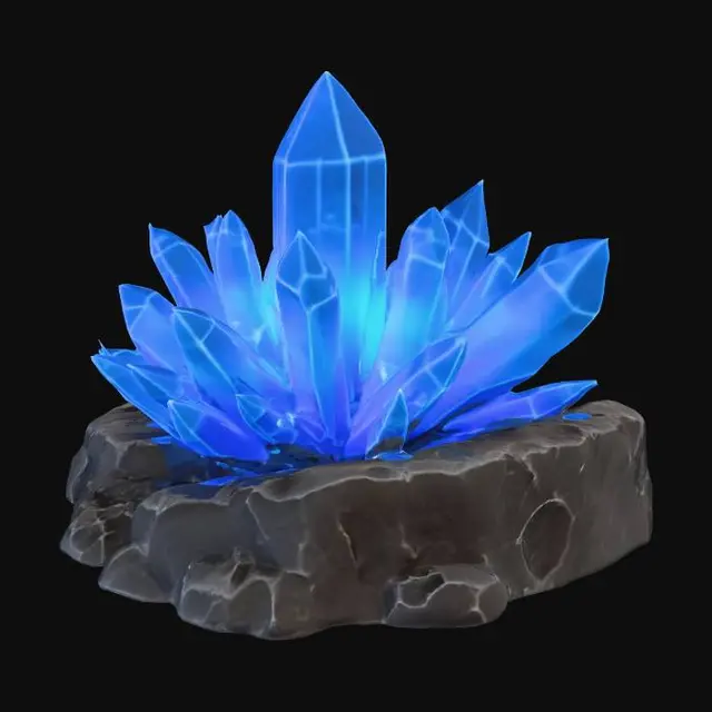 3D model for "a stylized fantasy crystal ore cluster emerging from rock, glowing softly, game-ready 3D render, detailed geometry, colored reflections, ambient rimlight, isolated on neutral background, photorealistic lighting, stylized like Roblox resource node"
