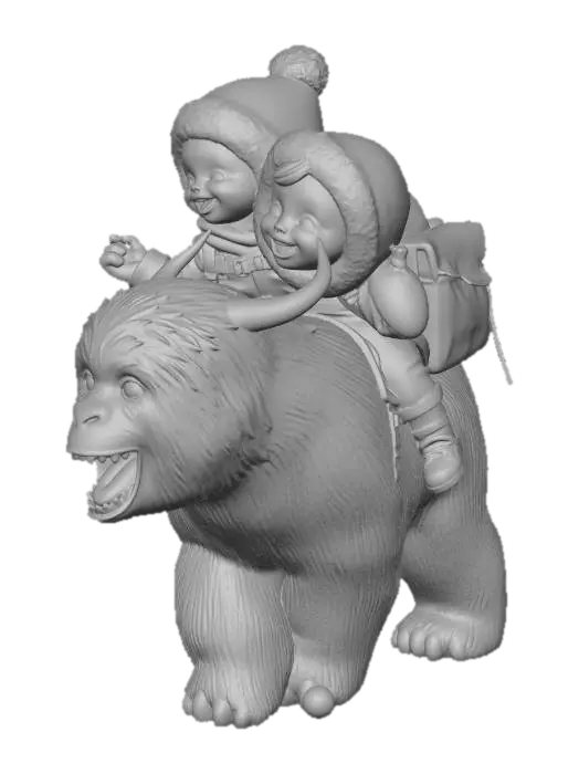 3D model for wygeneruj dziecko jeżdżace na potężnym yetii, niech rzuca snieżkami i ma super plecak na sobie