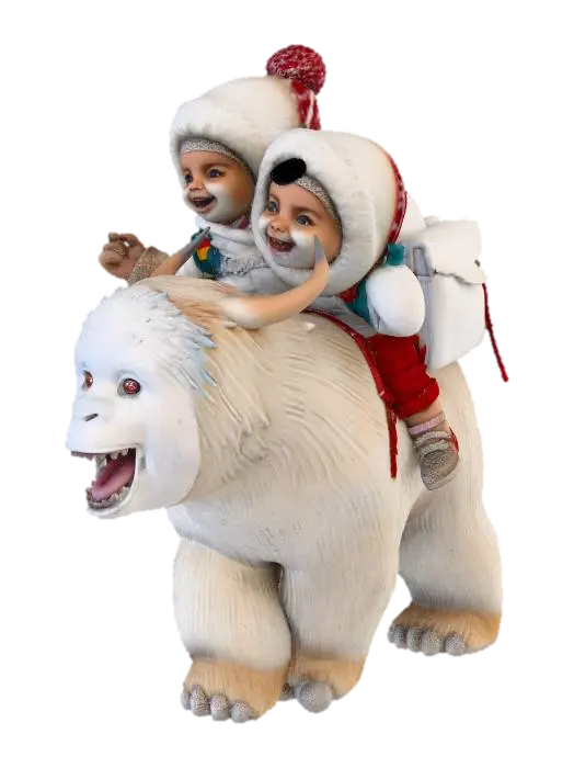 3D model for wygeneruj dziecko jeżdżace na potężnym yetii, niech rzuca snieżkami i ma super plecak na sobie